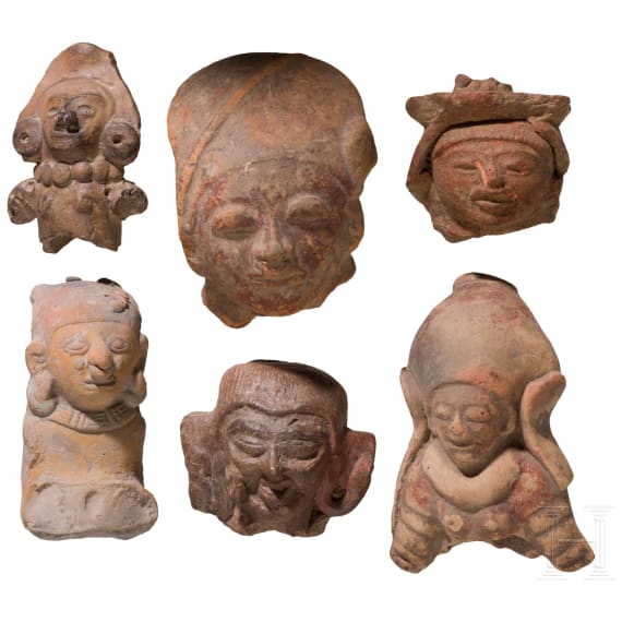 Sechs pr&auml;kolumbische Tonk&ouml;pfe, Ekuador, wohl 1000 - 1500 n. Chr.