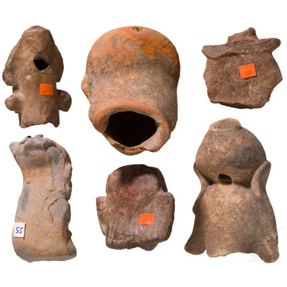 Sechs pr&auml;kolumbische Tonk&ouml;pfe, Ekuador, wohl 1000 - 1500 n. Chr.