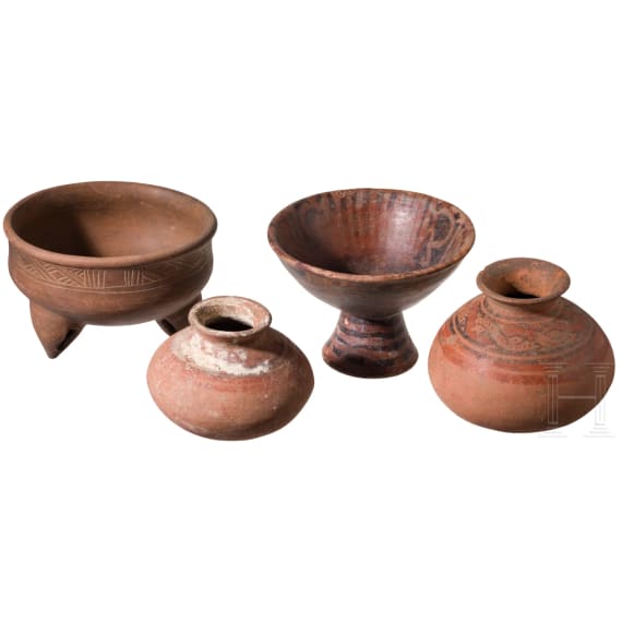 Zwei pr&auml;kolumbische Schalen und zwei Gef&auml;&szlig;e, wohl Ekuador, Carchi, 800 - 1500 n. Chr.