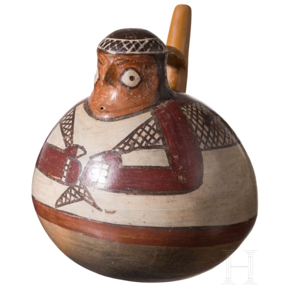 A Pre-Columbian painted figural clay vessel, Peru, probably Nazca, 3rd - 8th century