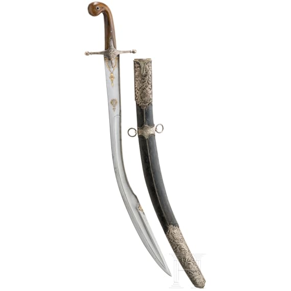 A silver mounted Ottoman kilic with rhino horn grips, ca. 1840