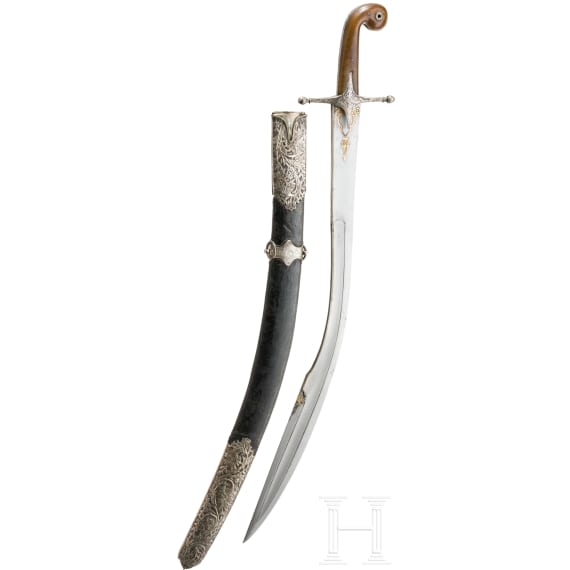 A silver mounted Ottoman kilic with rhino horn grips, ca. 1840