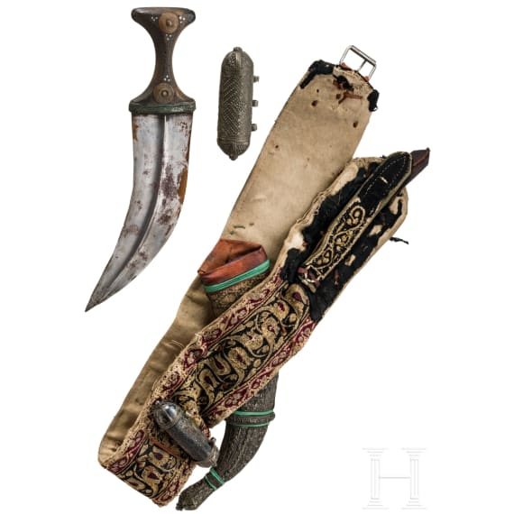 A silver-mounted jambiya with belt, Arab Peninsula, circa 1900