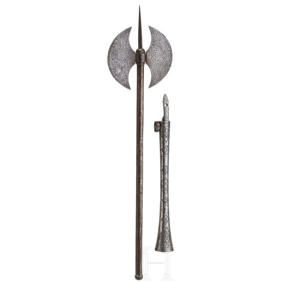 A Persian chiseled gun barrel and an axe, 19th century