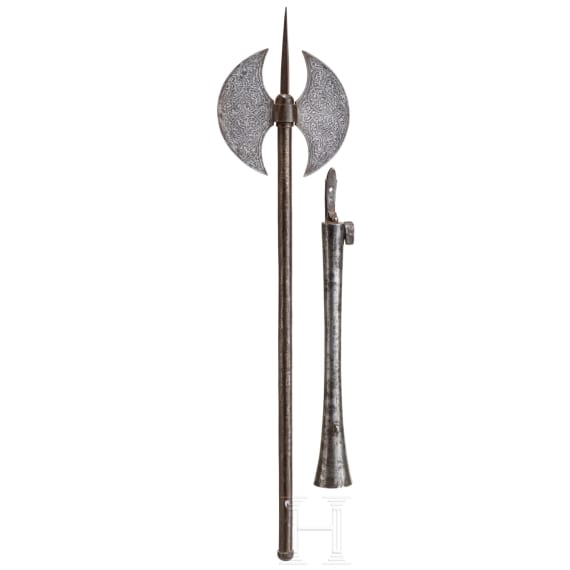 A Persian chiseled gun barrel and an axe, 19th century