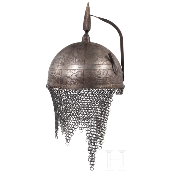 Ge&auml;tzter Kulah Khud und Sipar aus Leder, Indien, um 1900