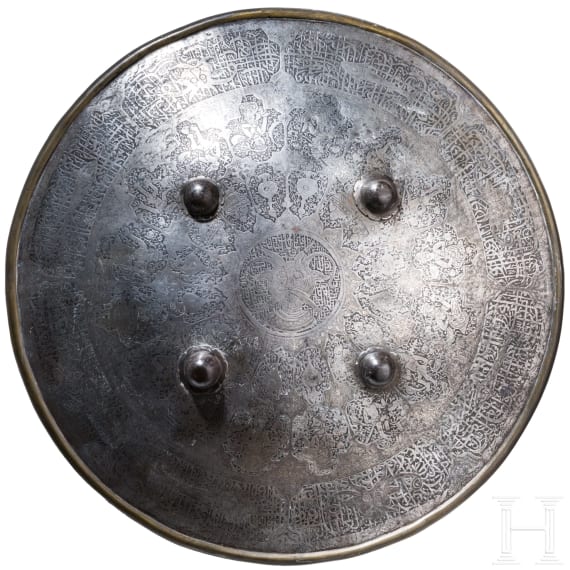 Silbertauschierter, eiserner Rundschild (Sipar), Indien, 19. Jhdt.