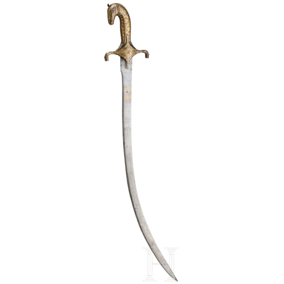 An Indian gold-damascened shamshir with horse head hilt, 19th century