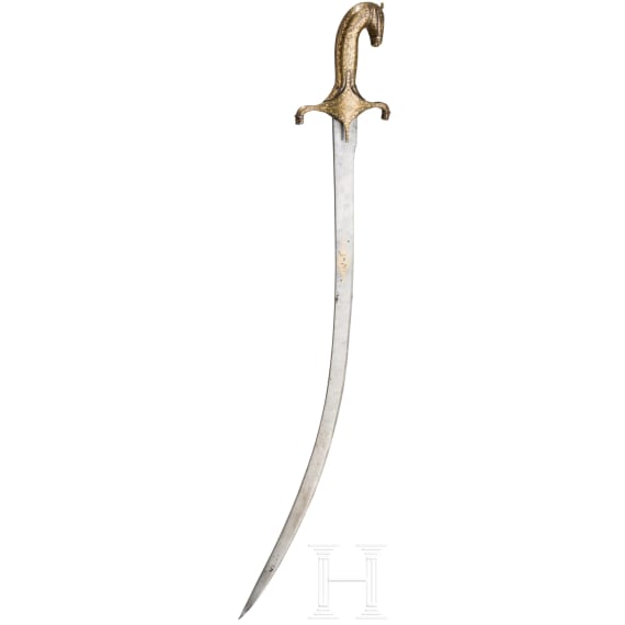 An Indian gold-damascened shamshir with horse head hilt, 19th century