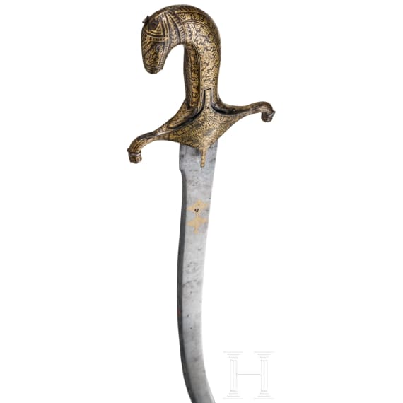 An Indian gold-damascened shamshir with horse head hilt, 19th century