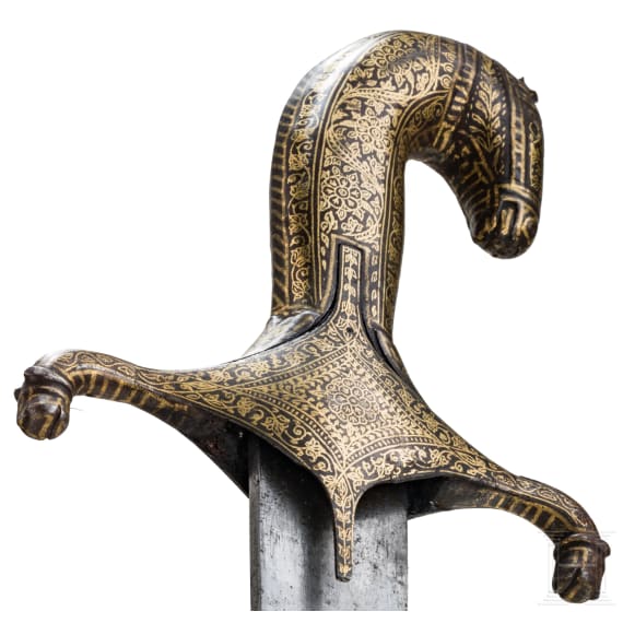 An Indian gold-damascened shamshir with horse head hilt, 19th century