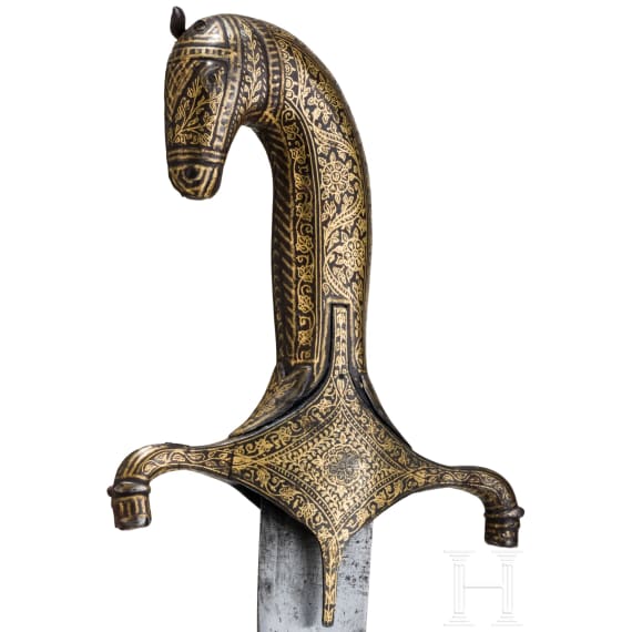 An Indian gold-damascened shamshir with horse head hilt, 19th century