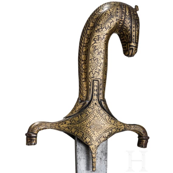 An Indian gold-damascened shamshir with horse head hilt, 19th century