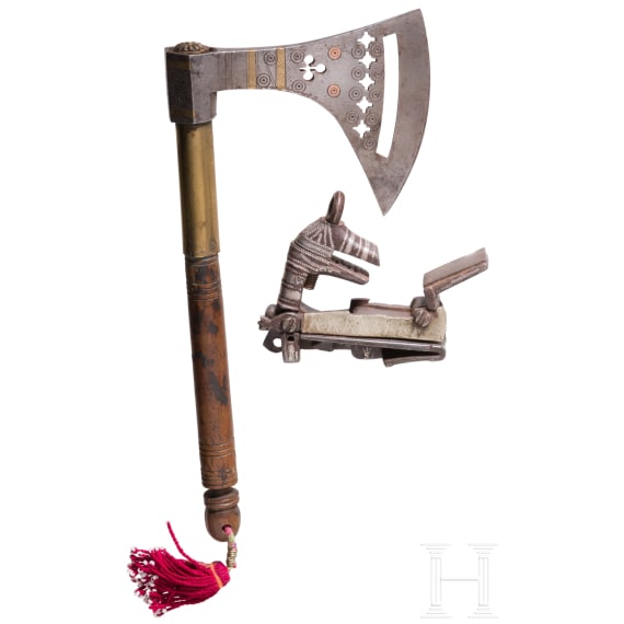 An Ottoman miquelet lock together with a north African Tuareg axe, 19th/20th century