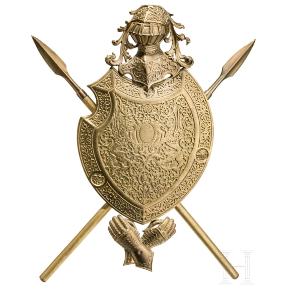 A decorative trophy shield in cast brass, L. Meyer Foundry, circa 1900