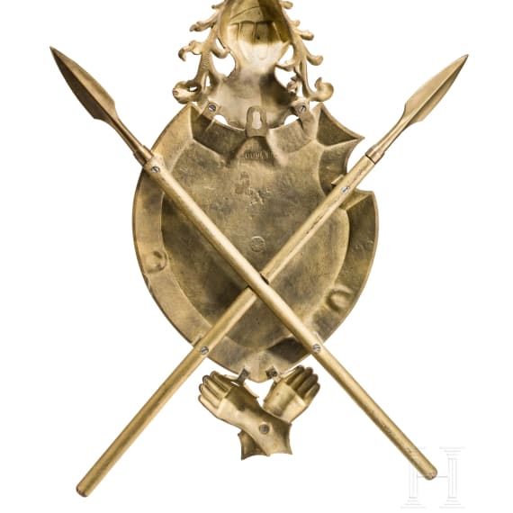 A decorative trophy shield in cast brass, L. Meyer Foundry, circa 1900