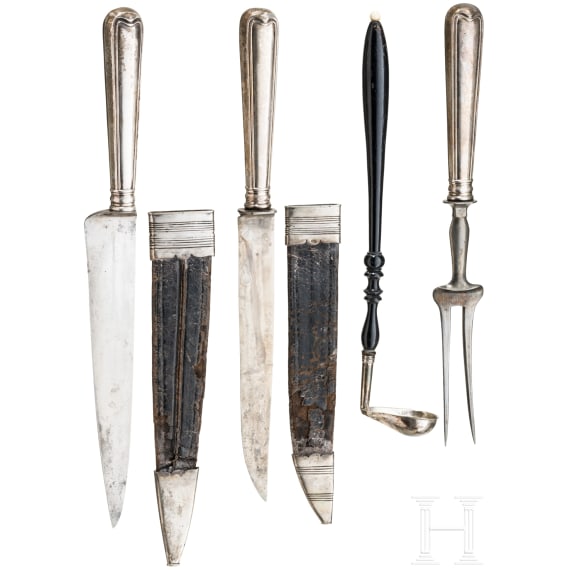 A German three piece silver carving set and a sauce ladle, ca. 1900