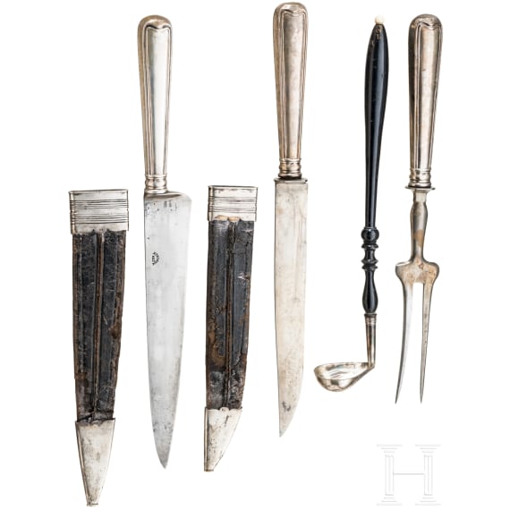 A German three piece silver carving set and a sauce ladle, ca. 1900