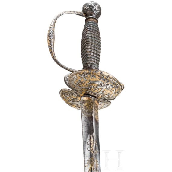 Eisengeschnittene Galadegen mit jagdlichem Dekor, Frankreich, um 1730