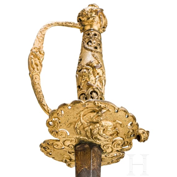 Vergoldeter Galadegen mit Darstellung der Aufgaben des Herkules, Frankreich, um 1740