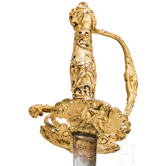 Vergoldeter Galadegen mit Darstellung der Aufgaben des Herkules, Frankreich, um 1740