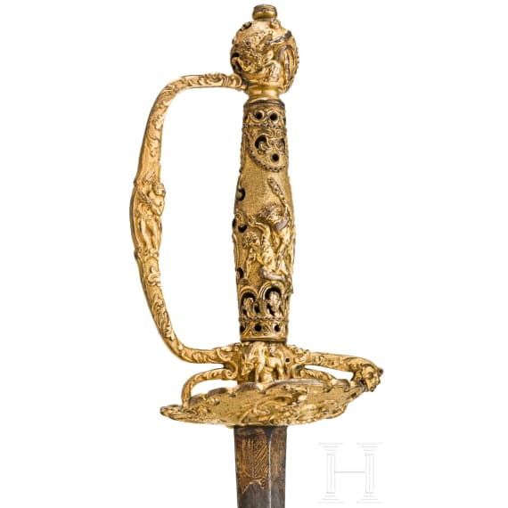 Vergoldeter Galadegen mit Darstellung der Aufgaben des Herkules, Frankreich, um 1740