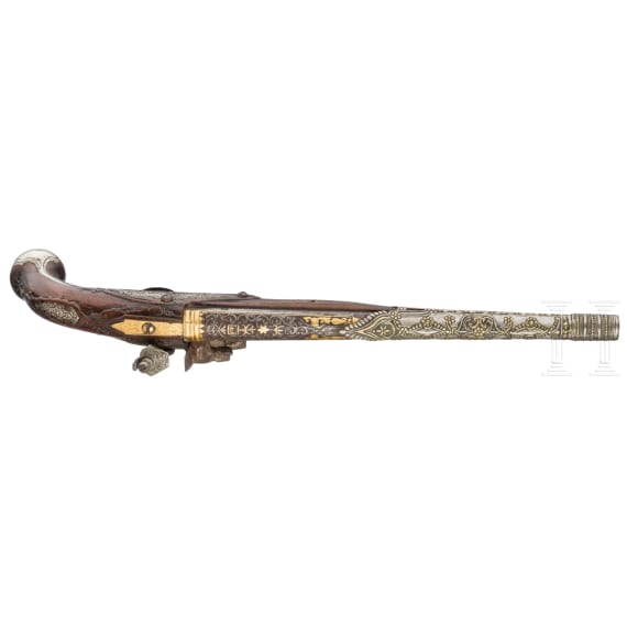 Goldtauschierte Steinschlosspistole, balkant&uuml;rkisch, 19. Jhdt.