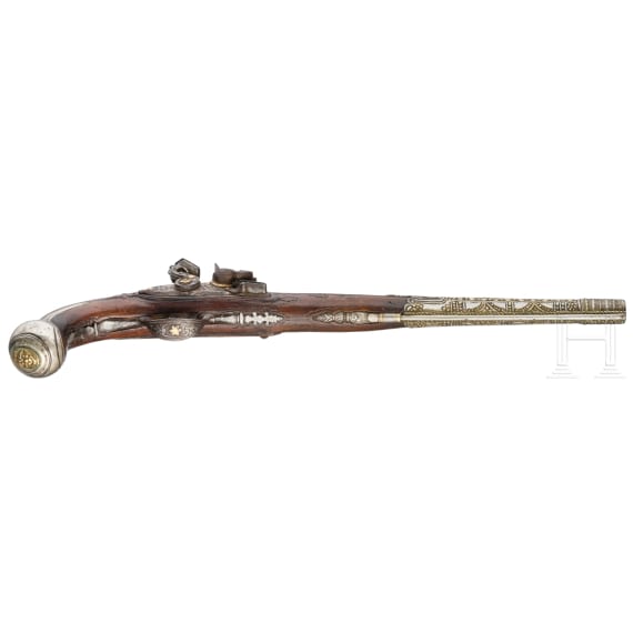 Goldtauschierte Steinschlosspistole, balkant&uuml;rkisch, 19. Jhdt.