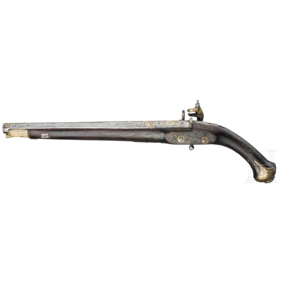A Balkan Turkish gold-plated Miquelet flintlock pistol, 20th century, made using old parts