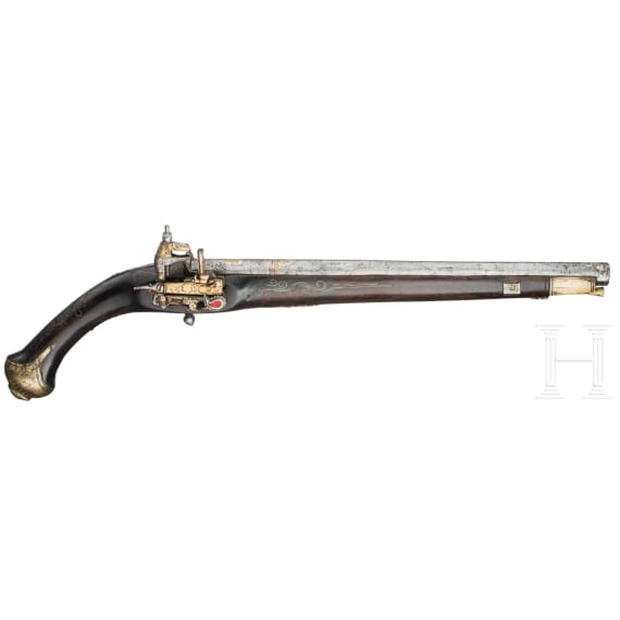 A Balkan Turkish gold-plated Miquelet flintlock pistol, 20th century, made using old parts