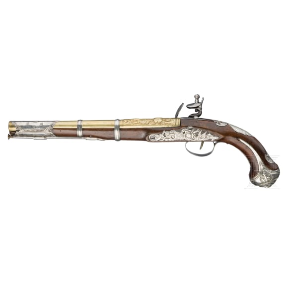 Silbermontierte Steinschlosspistole mit Messinglauf, osmanisch, 19. Jhdt.