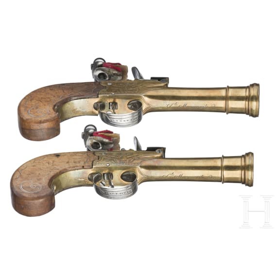 A pair of French flintlock blunderbuss pistols, circa 1760