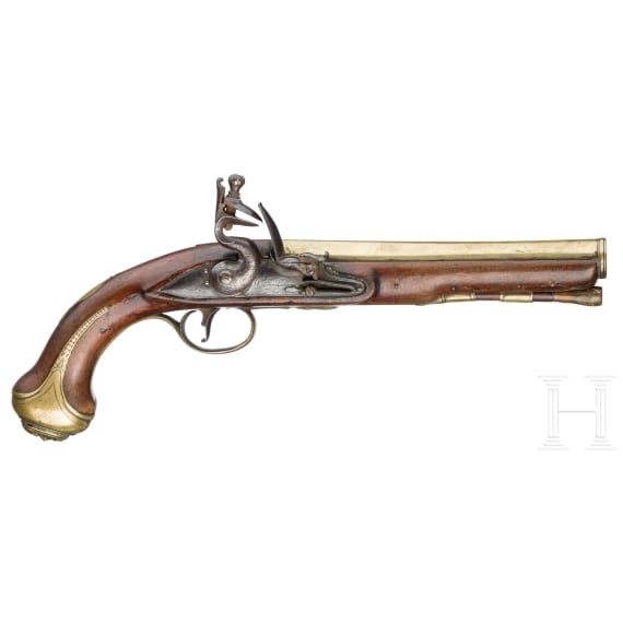 A flintlock pistol with brass barrel, W. Toulmin in London, circa 1780