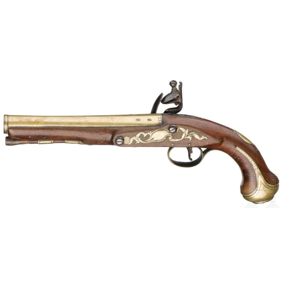 A flintlock pistol with brass barrel, W. Toulmin in London, circa 1780