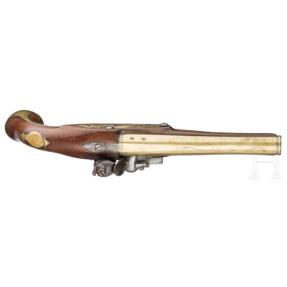 A flintlock pistol with brass barrel, W. Toulmin in London, circa 1780
