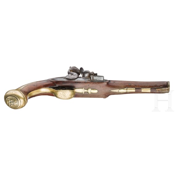 A flintlock pistol with brass barrel, W. Toulmin in London, circa 1780