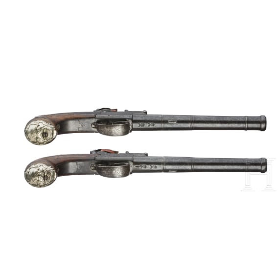A Pair of Queen Anne flintlock pistols, Brueton in Birmingham, circa 1710/20
