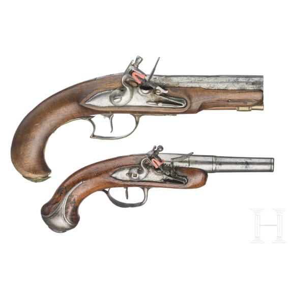 An English and a French flintlock traveling pistol, circa 1780