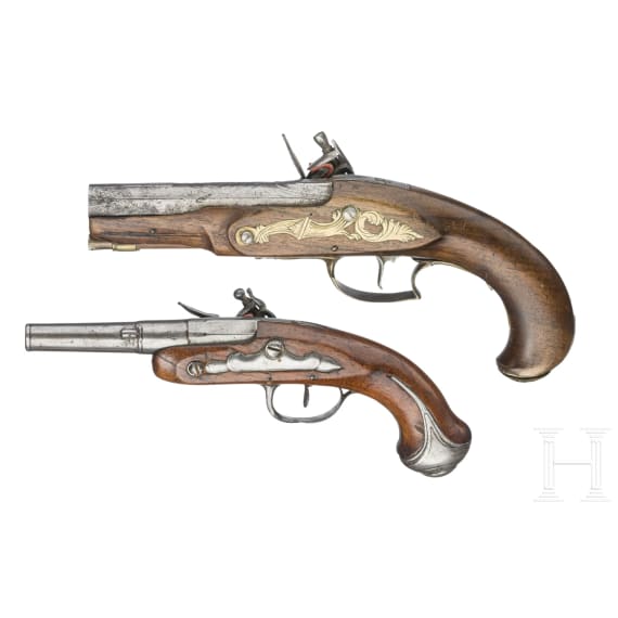 An English and a French flintlock traveling pistol, circa 1780