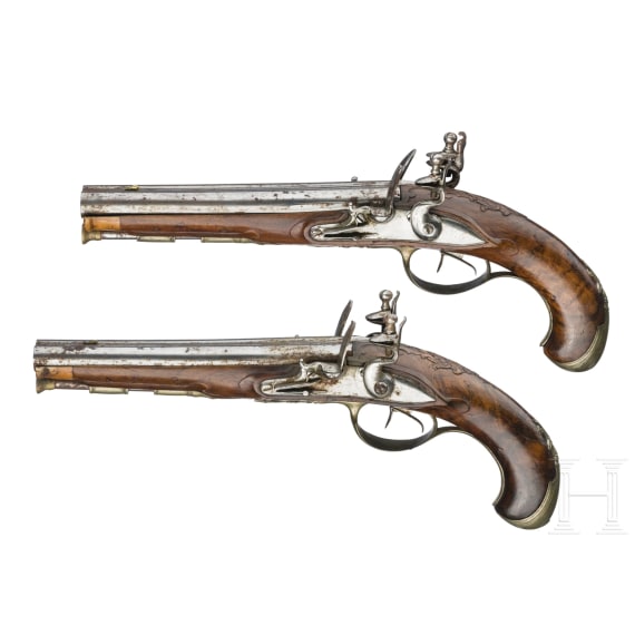 A French pair of double-barrelled flintlock pistols, circa 1800