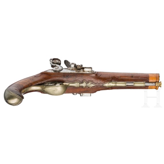 A French pair of double-barrelled flintlock pistols, circa 1800