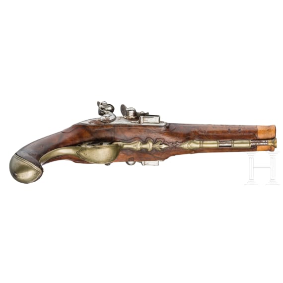 A French pair of double-barrelled flintlock pistols, circa 1800