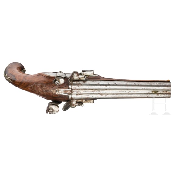 A French pair of double-barrelled flintlock pistols, circa 1800