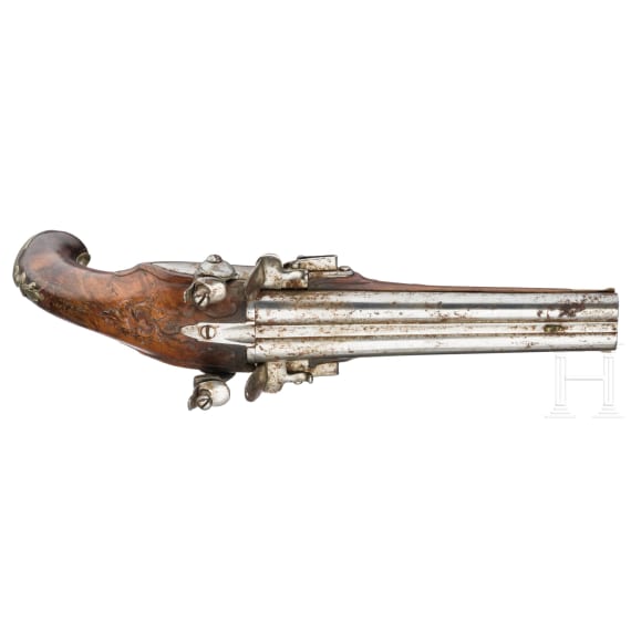 A French pair of double-barrelled flintlock pistols, circa 1800