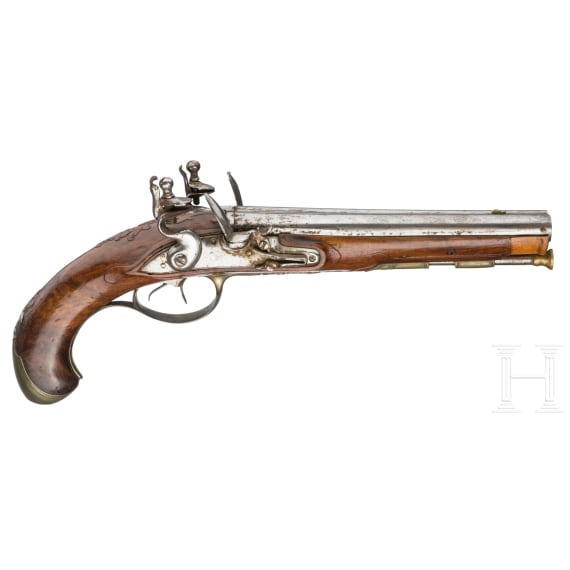 A French pair of double-barrelled flintlock pistols, circa 1800