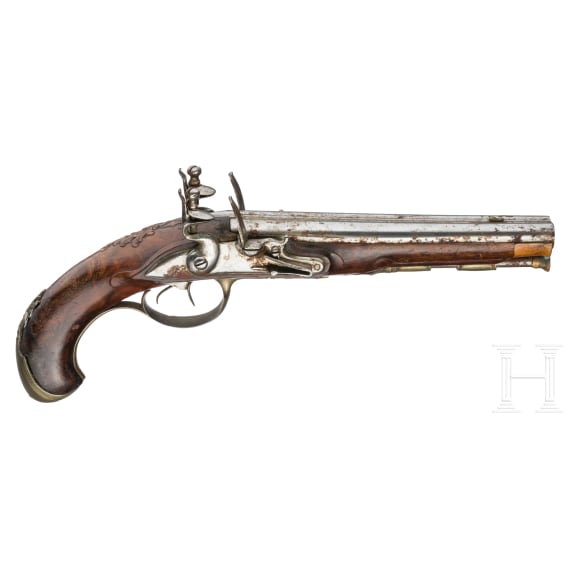 A French pair of double-barrelled flintlock pistols, circa 1800