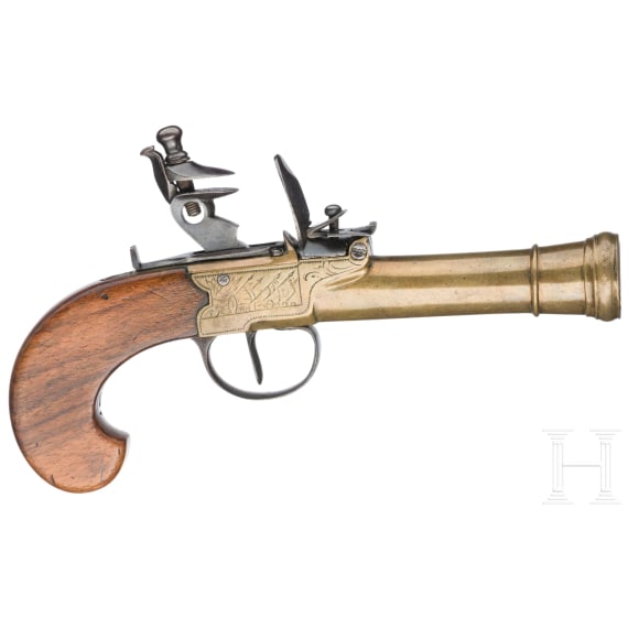 A pair of flintlock pocked pistols with brass blunderbuss barrels, probably from Belgium, circa 1800