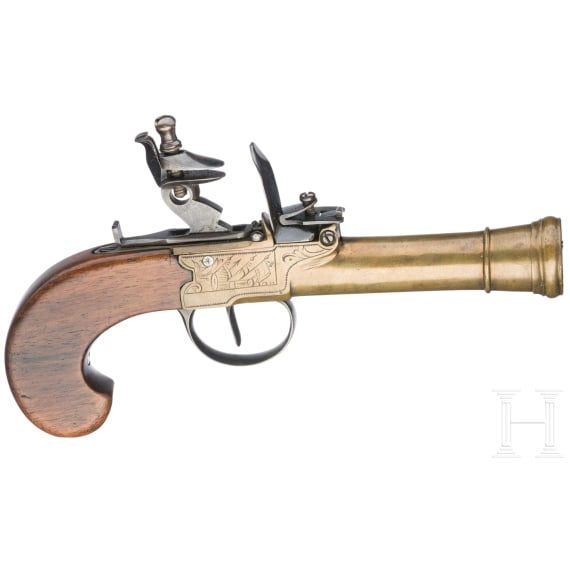 A pair of flintlock pocked pistols with brass blunderbuss barrels, probably from Belgium, circa 1800