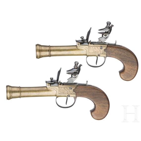 A pair of flintlock pocked pistols with brass blunderbuss barrels, probably from Belgium, circa 1800