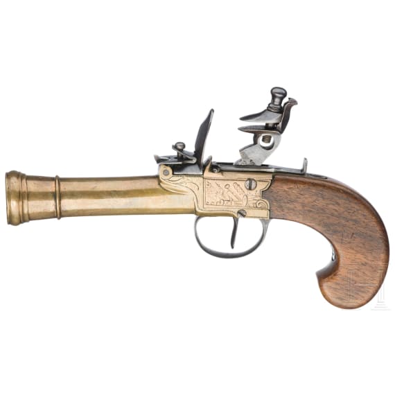 A pair of flintlock pocked pistols with brass blunderbuss barrels, probably from Belgium, circa 1800